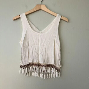 Sleeveless White Crop Top With Tassels & Beads‎ By Lush Noir Size M